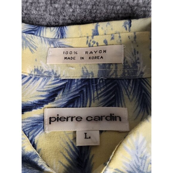 Pierre Cardin Button Up Shirt Men Sz L Yellow Blue Palm Trees Hawaiian Island - Picture 3 of 8